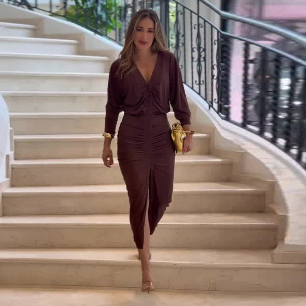 Forever 21 V-Neck Three Quarter Sleeve Brown Pleated Midi Dress